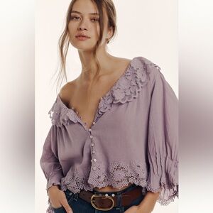 Anthropologie Linen Blend Lace Collar Blouse